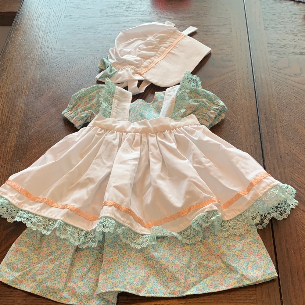American Girl Pastel Floral Outfit with Apron and Bonnet
